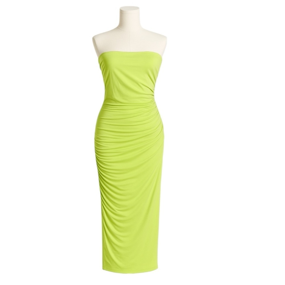 naked wardrobe Strapless Lime Green Ruched Midi Dress